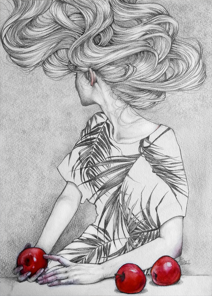 The wind and apples - My, Wind, Apples, Girls, Long hair, Pencil drawing