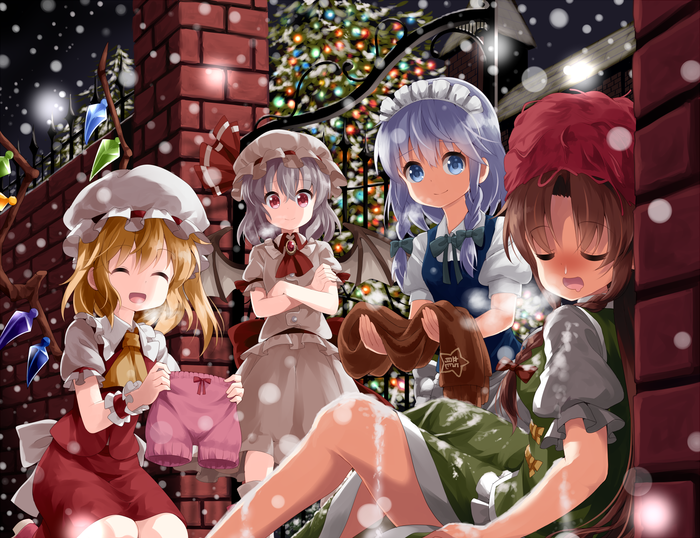 Christmas time Touhou, Flandre Scarlet, Remilia Scarlet, Izayoi Sakuya, Hong Meiling, Anime Art, ,  