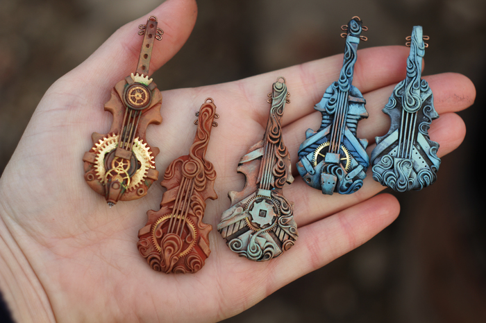 Cellos in the style of steampunk. Pendants. - My, Cello, Steampunk, , Handmade, Polymer clay