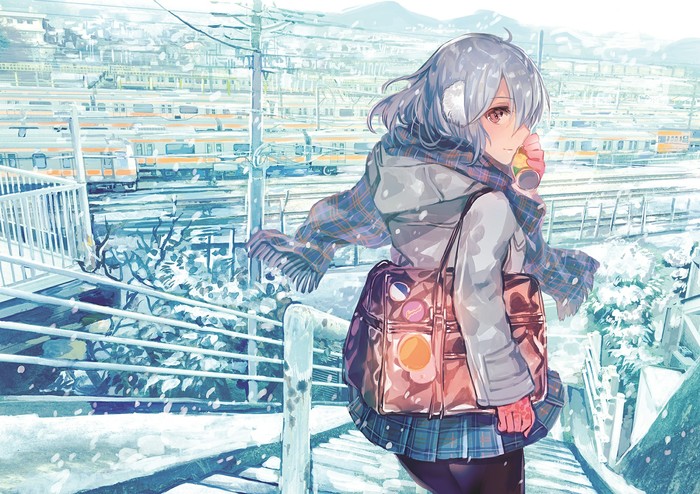 Station at winter - Anime art, Anime original, Winter, Snow, Station, Anime