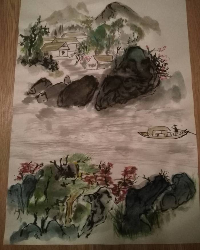 Fisherman in Chinese Village - My, Drawing, Fishermen, China, Village, , Relax, The mountains, River