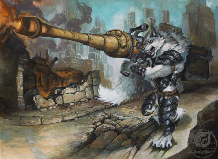 Scorched earth - Wolf, Weapon, Art, Furry, Ruins, Sixthleafclover, Town