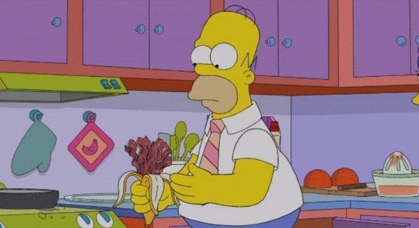 How to eat a banana - The Simpsons, Storyboard, Homer Simpson, Banana, Bacon, Trash can, Kitchen