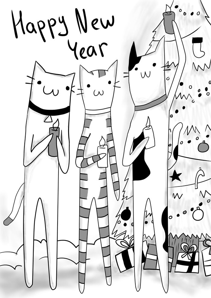 More cats - cat, Drawing, Black and white, New Year, Cafe, Longpost