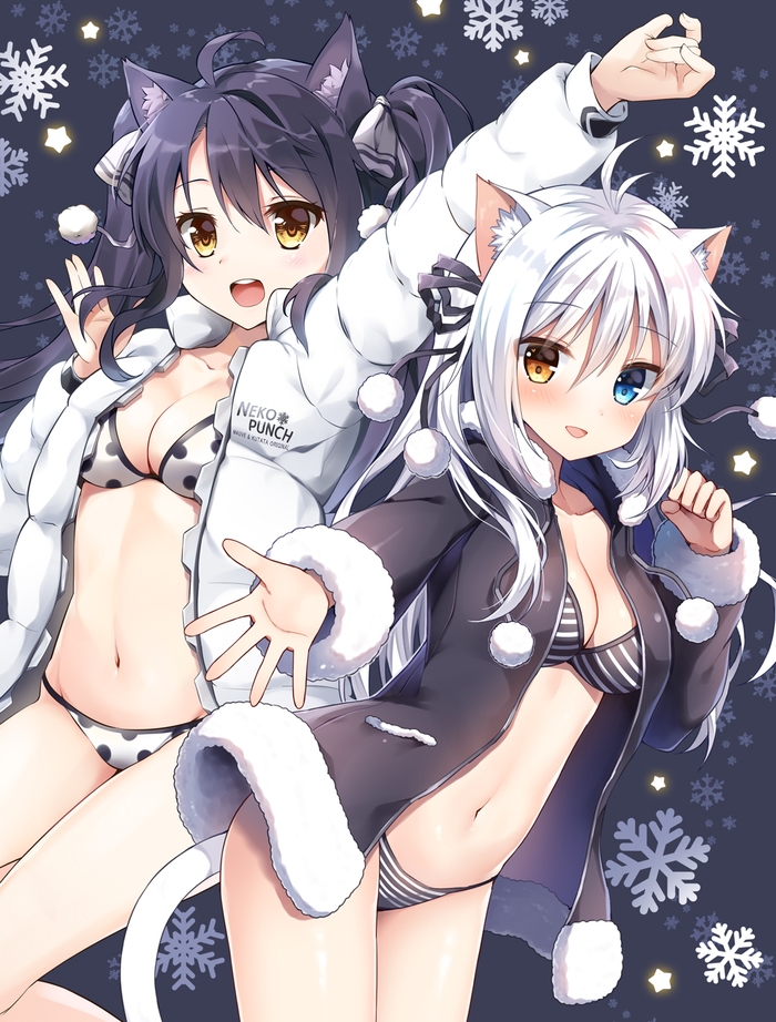 Neko x neko - Anime art, Neko, Tail, Bikini, Heterochromia