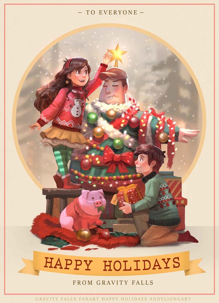 Happy Holidays from Gravity Falls - Gravity Falls, Новый Год, Рождество, Andyliongart, Арт, Mabel, Dipper, Soos, Mabel Pines, Dipper Pines