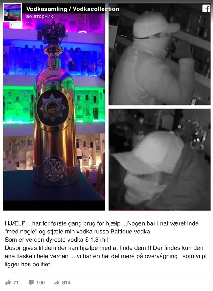 $1.3 million bottle of vodka stolen from bar in Copenhagen - Theft, Vodka, Millions, Million, Denmark