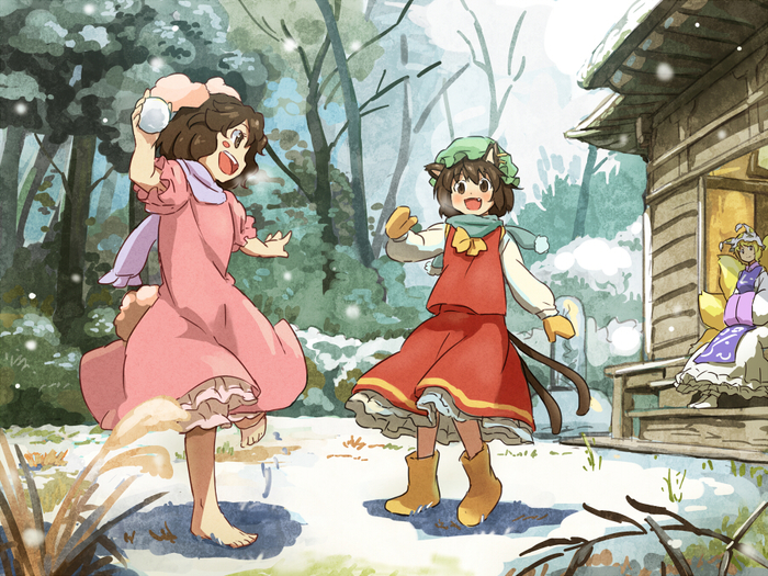 Winter fun - Anime, Anime art, Touhou, Yakumo ran, Chen, Inaba tewi, Chen (Touhou)