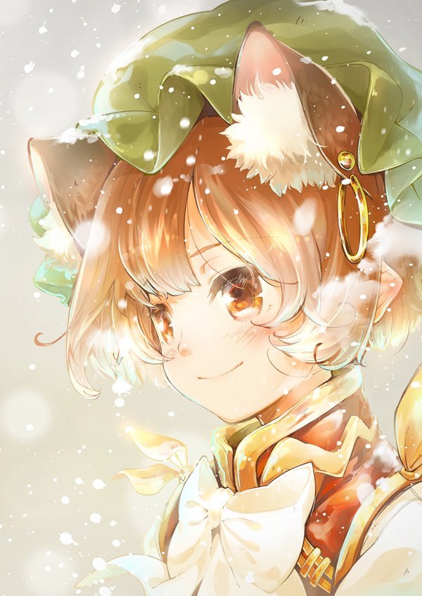 Snowfall - Anime, Anime art, Gif animation, Touhou, Chen, GIF, Chen (Touhou)