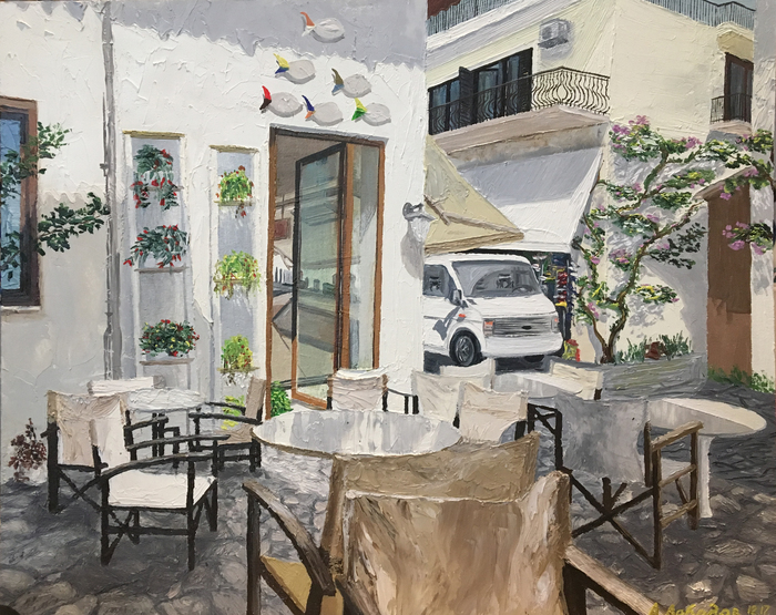 Sivota. Cafe. Cardboard, oil. 50x40 cm, 2017. - My, Cafe, Painting, Greece