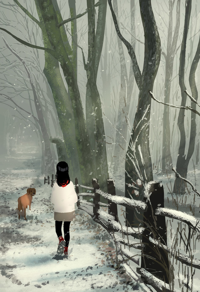 You see the snow, you smell the trees - Арт, Рисунок, Девушки, Собака, Прогулка, Pascal Campion