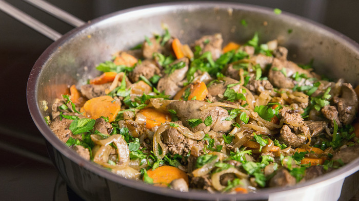 Chicken liver with onions and carrots - My, Video recipe, Quick Recipe, Recipe, Liver