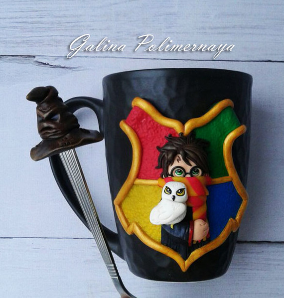 Mug for Potterman - My, Polymer clay, Harry Potter, Кружки, A spoon, Beech, Mug with decor, Needlework without process
