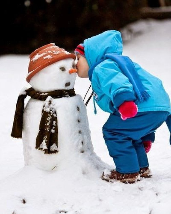 The beauty of a frosty kiss... - snowman, Winter, Children, Kiss, Joy, Kindness