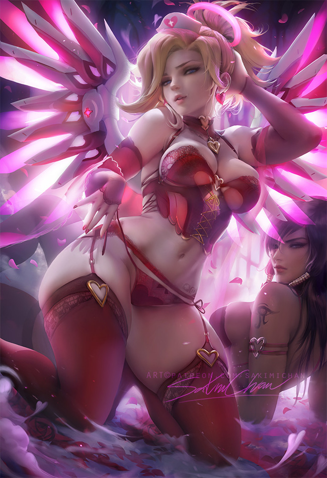 Valentine Mercy! - NSFW, Mercy, Overwatch, Sakimichan, Games, Pharah, Valentine's Day