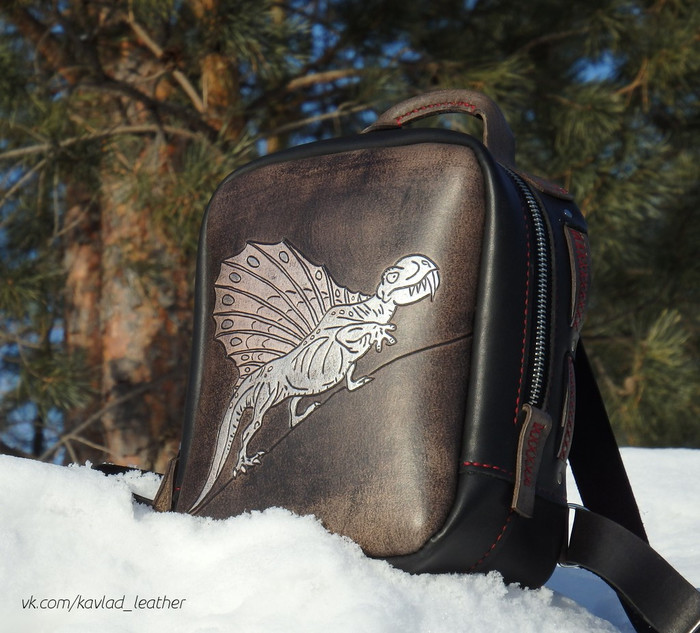 Backpack Aris - My, Needlework without process, Backpack, Handmade, Embossing on leather, , Beast Lizard, Dinosaurs, , Longpost