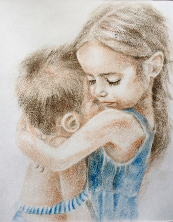 Brother and sister - My, Brother, Sister, My, Luboff00, Younger brother, Dry brush, Drawing, Sisters
