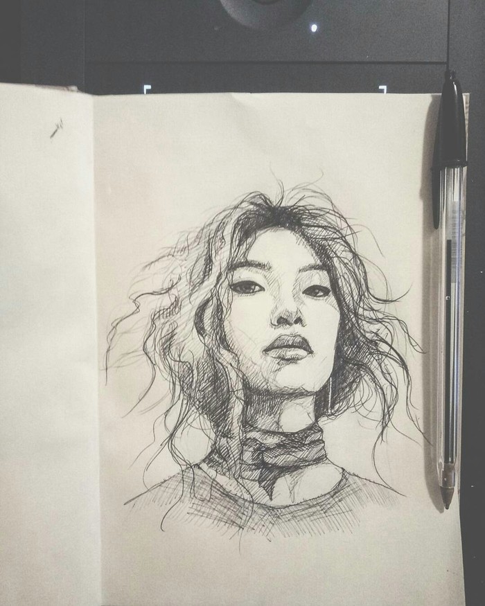 Sketch with a pen... - My, Drawing, Pencil drawing, Sketch, Girls, Beautiful girl, Asian, Sketch, Creation