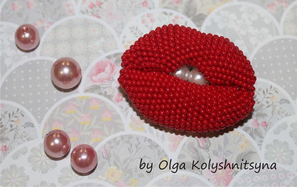 Brooch Lips - My, Needlework without process, Beads, Lips