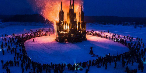 When I found out that a 30-meter copy of the temple was burned on Maslenitsa - Maslenitsa, Russia, Fun, GIF, Interesting