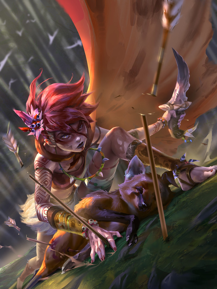 Caipora. - Mythology, Hunting, Fox, Arrows, Girls, Fantasy, Art, 2D