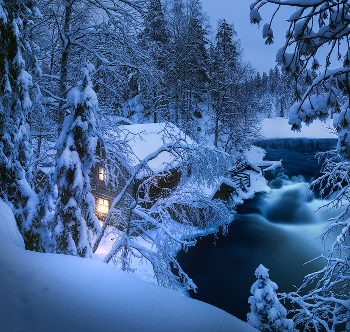 Winter's tale - The photo, Winter, Lapland, House, River, Mill