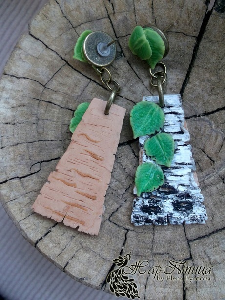 Birch bark from polymer clay. - My, Birch, Polymer clay, Earrings, Needlework without process, Decoration, Bark, Longpost