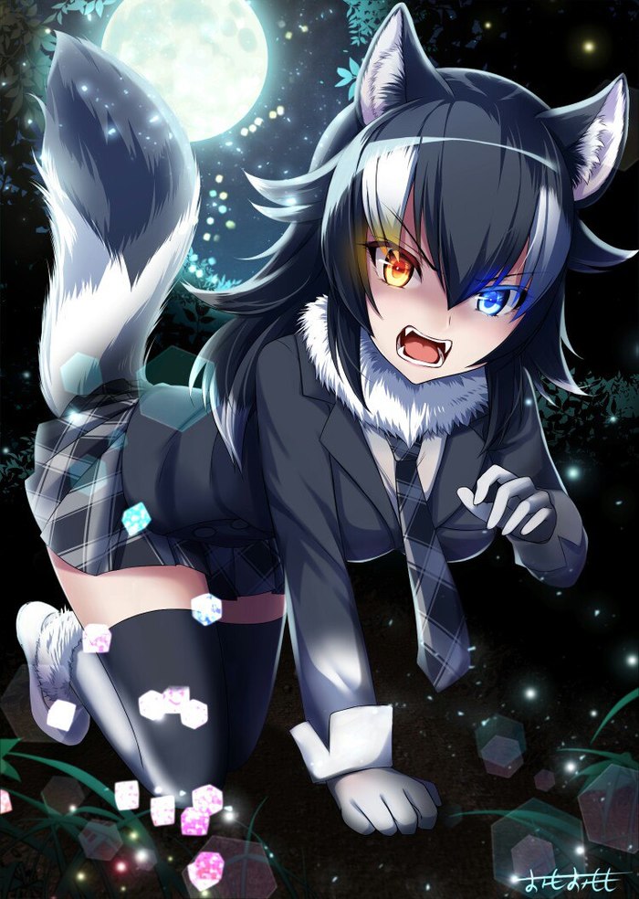 Grey Wolf - Anime art, Kemono friends, moon, Grey Wolf, Animal ears