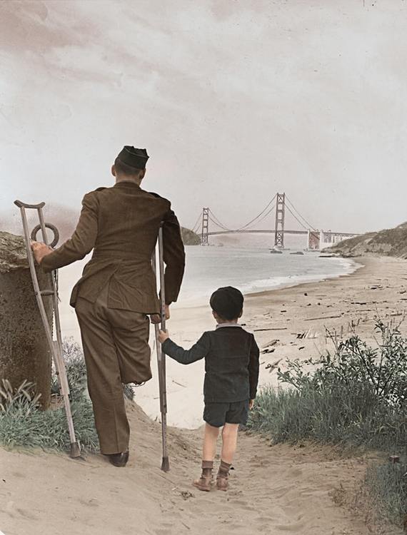 A disabled veteran and his son look at the Golden Gate Bridge from Baker Beach in 1959. - The photo, Retro