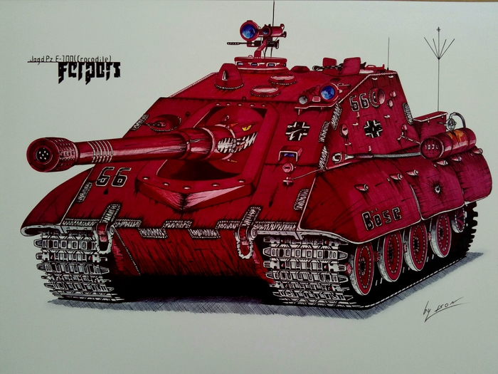 JagdPz E-100 Crocodile - My, Tanks, World of tanks, , Crocodile, Marker, Drawing, Art, Red, Crocodiles