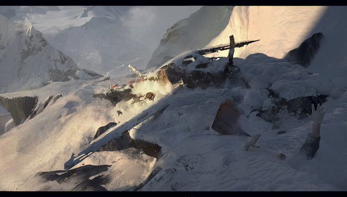Fallen - Art, Drawing, The mountains, Airplane, Catastrophe, Snow, 