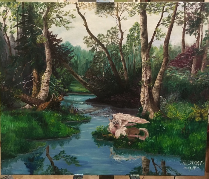 Spring forest with baby hippogriff - My, Canvas, Butter, Art