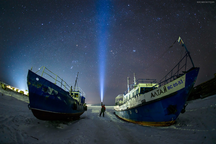 Reach for the sky - Russia, Baikal, Nature, Night, Ship, Starry sky, The photo, Text