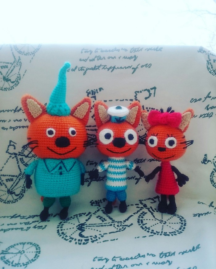 three cats) - My, Cartoons, Knitting, Toys, Needlework without process, With your own hands, cat, Amigurumi, Longpost