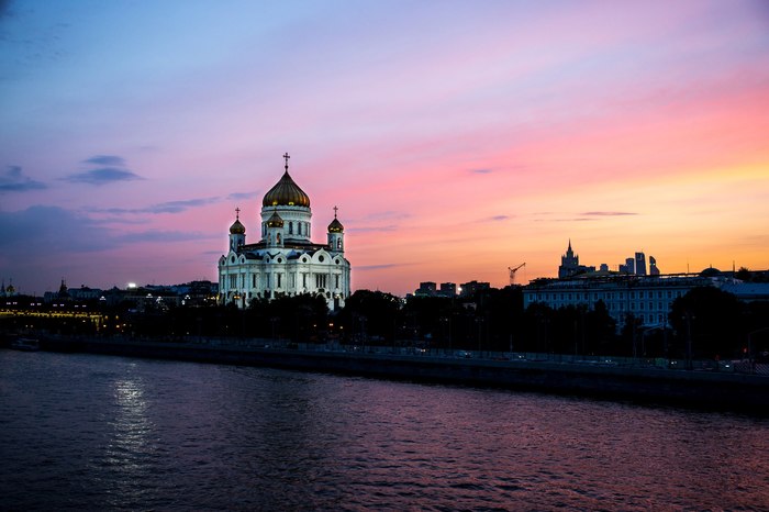 Закат - Моё, Храм, Храм Христа спасителя, Закат, Москва, Река, Набережная, Вечер