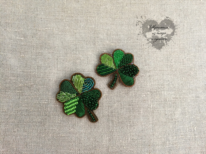 Brooches for good luck and St. Patrick's Day - My, Clover, Four-leaf clover, Trefoil, Friday tag is mine, St.Patrick 's Day, Luck, Beads, Handmade