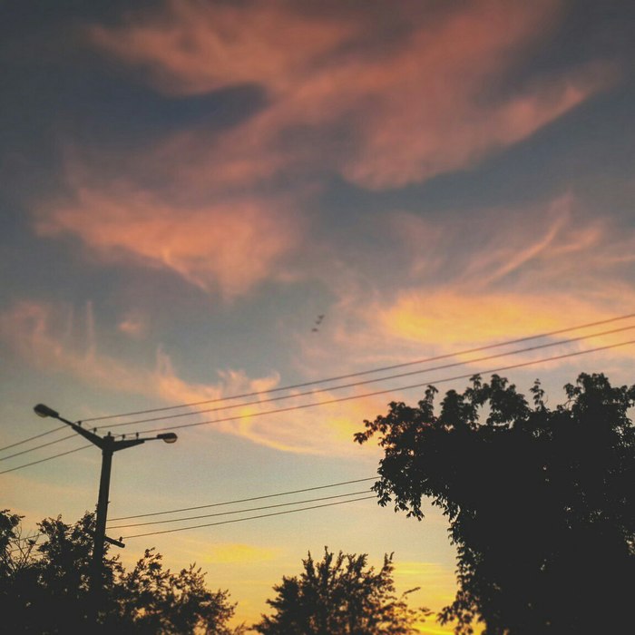 Orange dawn. - My, dawn, Orange, The wire, Power lines, Tree, Pillar, Clouds, Beginning photographer