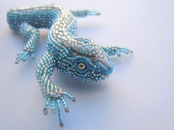 Brooch Heavenly lizard - My, Embroidery, Brooch, , Lizard, Sky, Blue, Longpost