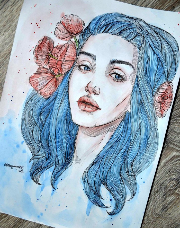 Poppies - My, Masyanyarus, Drawing, Portrait, Illustrations, Girls, Flowers, Angelina Jolie