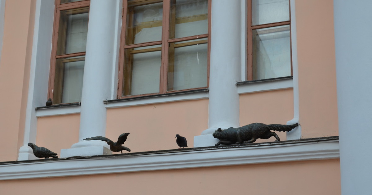 Коты нижний. Кот и голуби Нижний Новгород. Великий Новгород городская скульптура кошки и голуби на карнизе. Нижний Новгород голуби и коты.