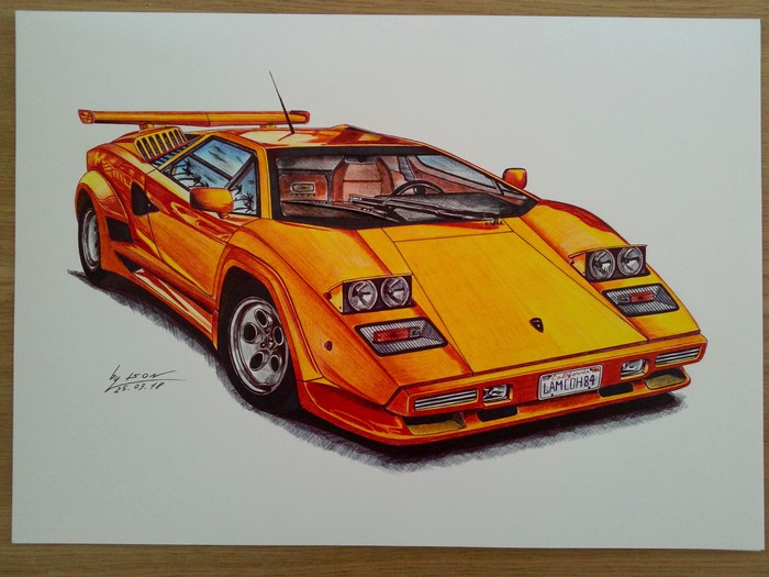 Lamborghini Countach (1974-1990) - My, Lamborghini, Countach, Sports car, Auto, Yellow, Drawing, Art, Italy