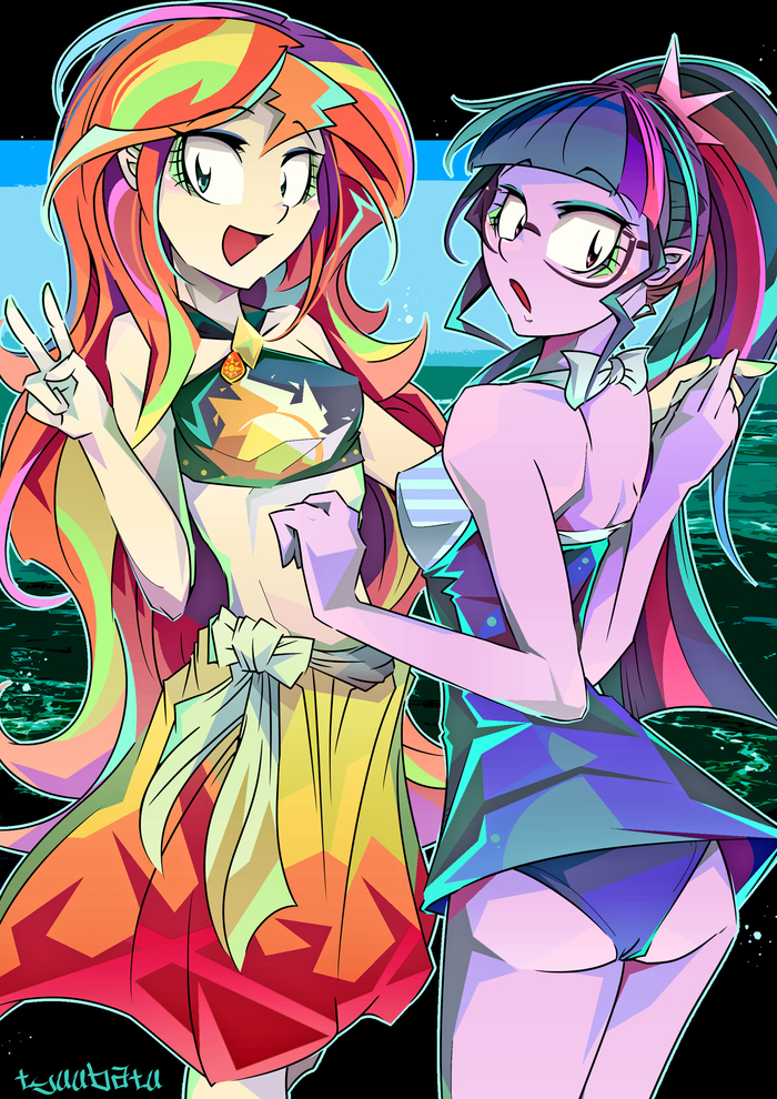 In a Seaside - My Little Pony, Equestria Girls, Sunset Shimmer, Twilight sparkle, MLP Edge, Tyuubatu