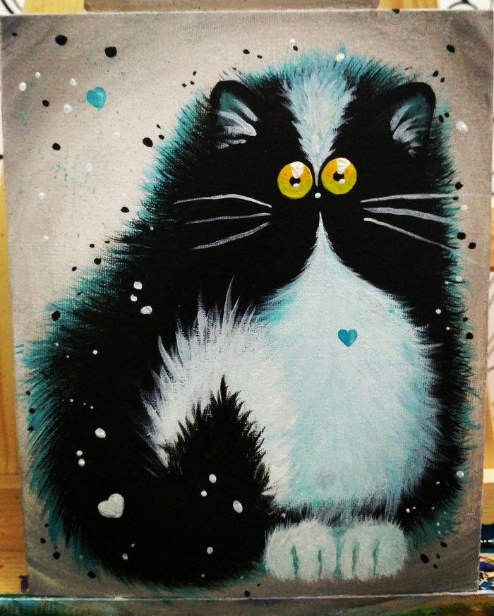 Fluffy black cat <3 - My, Acrylic, Beginner artist, Black cat