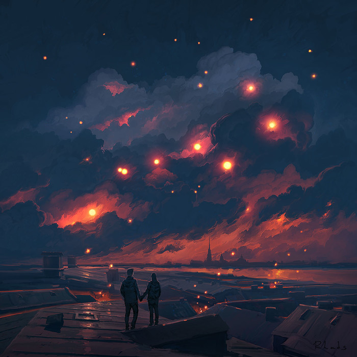 Magic Night - Арт, Рисунок, Ночь, Крыша, Rhads