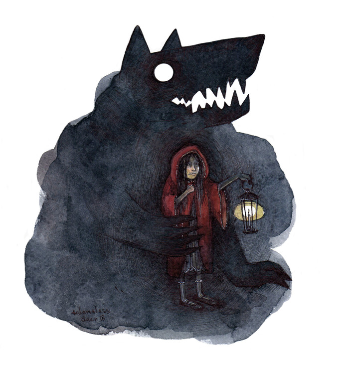 Darkness - My, Illustrations, Watercolor, Graphics, Sketch, Girl, Wolf, Drawing, Lamp
