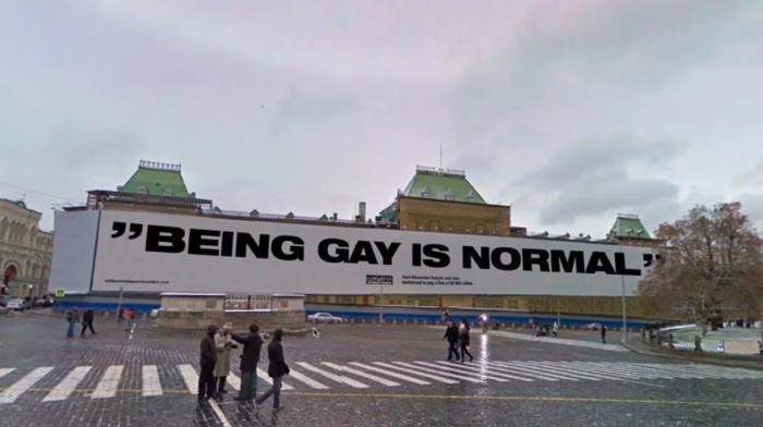 A billboard in defense of gays was hung out on Red Square - Reporters Without Borders, Billboard, Annoying ads