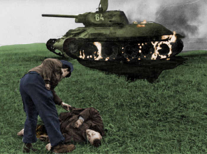 Burning tank in the field. - My, Colorization, My