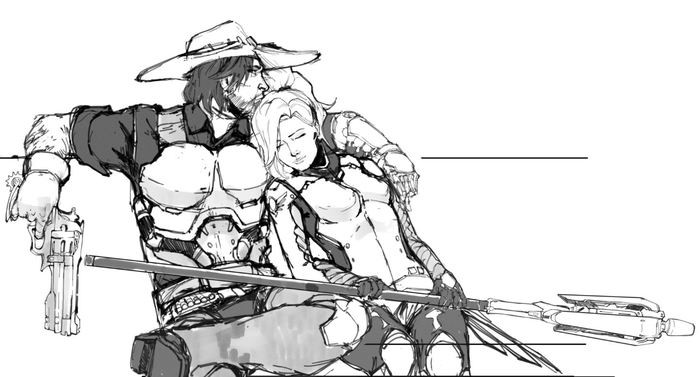 OW - Silence after the battle (sketch) - My, Overwatch, , Mercy, Romance, Sketch, Fandom