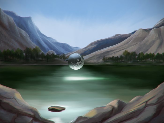 Sphere, sphere again... - My, Drawing, Art, Drawing on a tablet, Digital drawing, Landscape, The mountains, Lake, Sphere