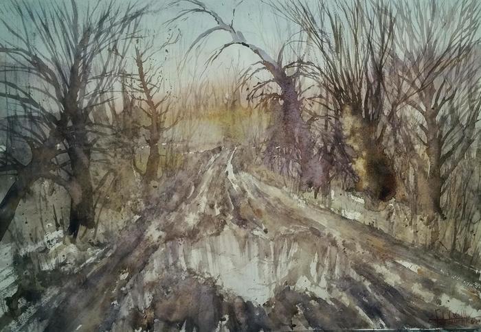 Spring rain (2018) Watercolor 42x60cm - My, Watercolor, Painting, Painting, Spring, Rain, Road, Puddle, Dirt